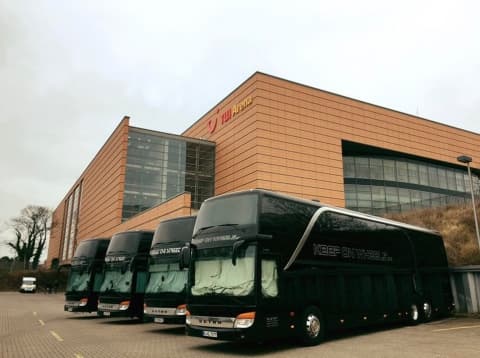 Bilstein GmbH KEEPONWHEELS tour bus fleet outside TUI Arena Hanover on German touring production