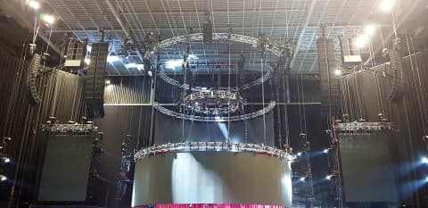 Arena production rig overhead view showing circular truss structure with flown line array speaker systems and LED screen on stage