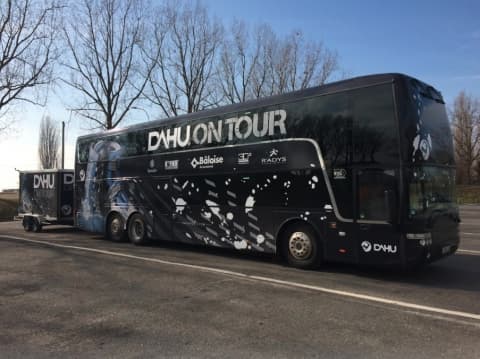 Nightliner Rental Belgium double-decker tour bus with Dahu On Tour livery in touring production