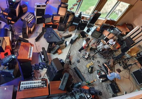 KICK BV Aalst Belgium backline inventory including Hammond organ guitar amp stacks and keyboards overhead view